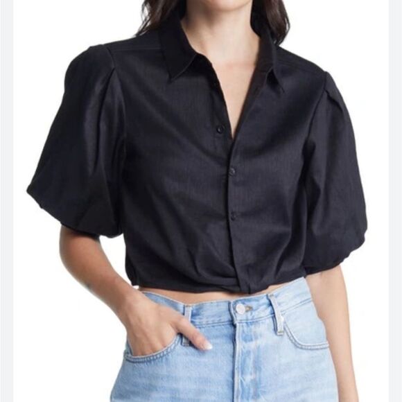 FRAME Voluminous Twist Crop Blouse In Noir XS NWOT - Picture 1 of 6